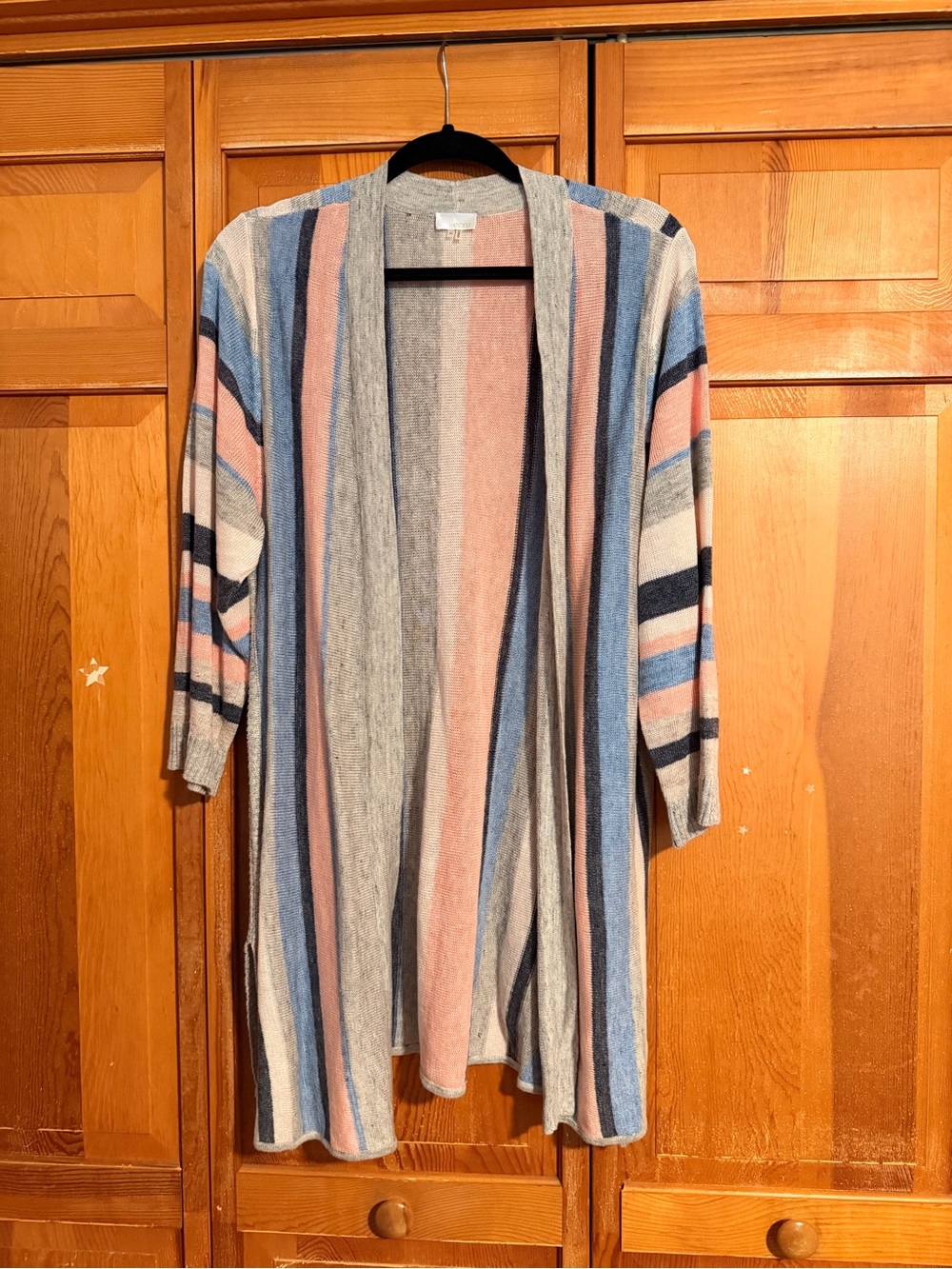 ecru Striped Open-Front Cardigan in Blue, Pink, Gray